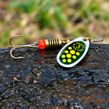 Sukriukė Mepps Black Fury Silver/Chartreuse Dots