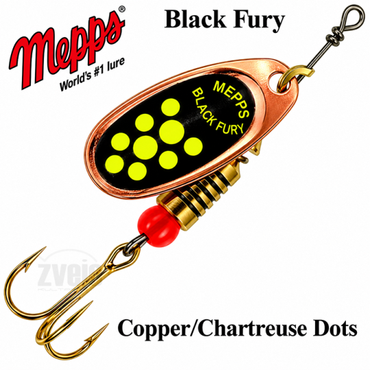 Sukriukė Mepps Black Fury Copper/Chartreuse Dots Sukriukė Mepps Black Fury Copper/Chartreuse Dots