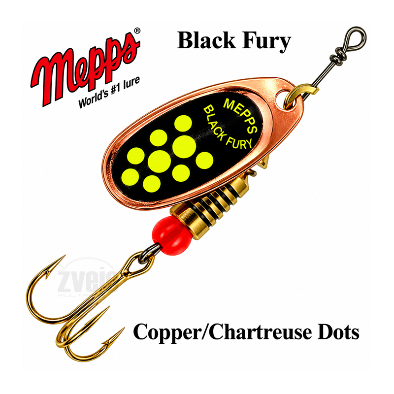 Sukriukė Mepps Black Fury Copper/Chartreuse Dots Sukriukė Mepps Black Fury Copper/Chartreuse Dots